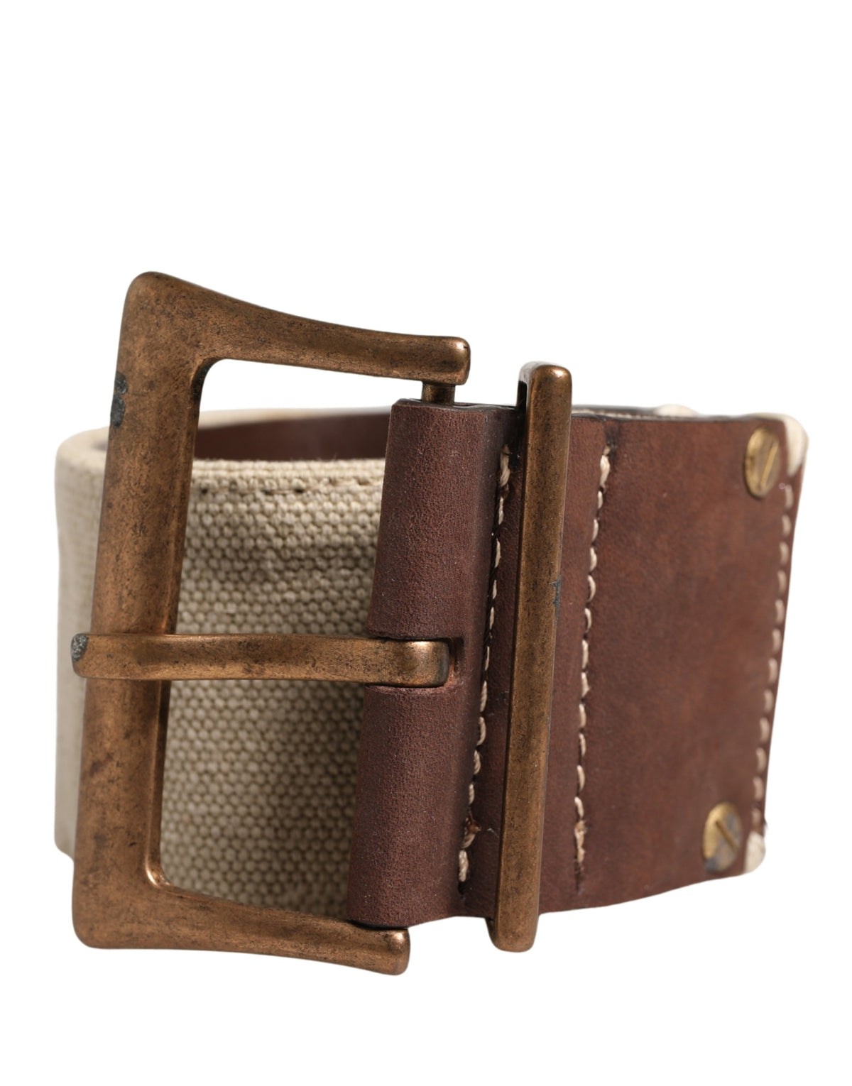 Beige and brown leather canvas belt by Ermanno Scervino with a metal buckle featuring intricate detailing.