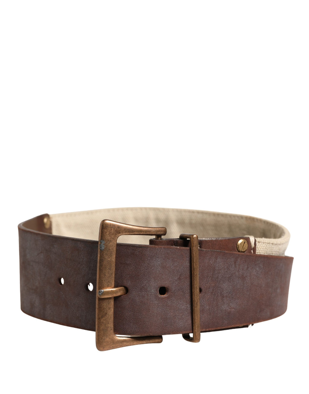 Beige and brown leather belt with canvas and metal buckle by Ermanno Scervino, showcasing a stylish and sophisticated accessory.
