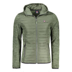 Norway 1963 Verde polyester men's jacket displayed on a hanger, featuring a classic design with a full front zipper and adjustable collar.