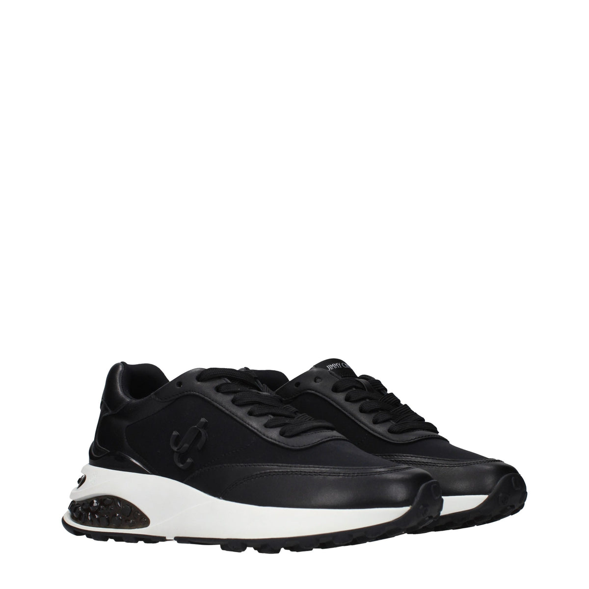 Jimmy Choo black fabric athletic sneakers with sleek design and white sole, suitable for casual and sportswear.