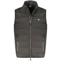 Norway 1963 black polyester men's vest displayed on a hanger, showcasing a sleek, tailored design for casual or smart wear.