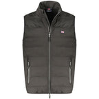 Norway 1963 black polyester men's vest displayed on a hanger, showcasing a sleek, tailored design for casual or smart wear.