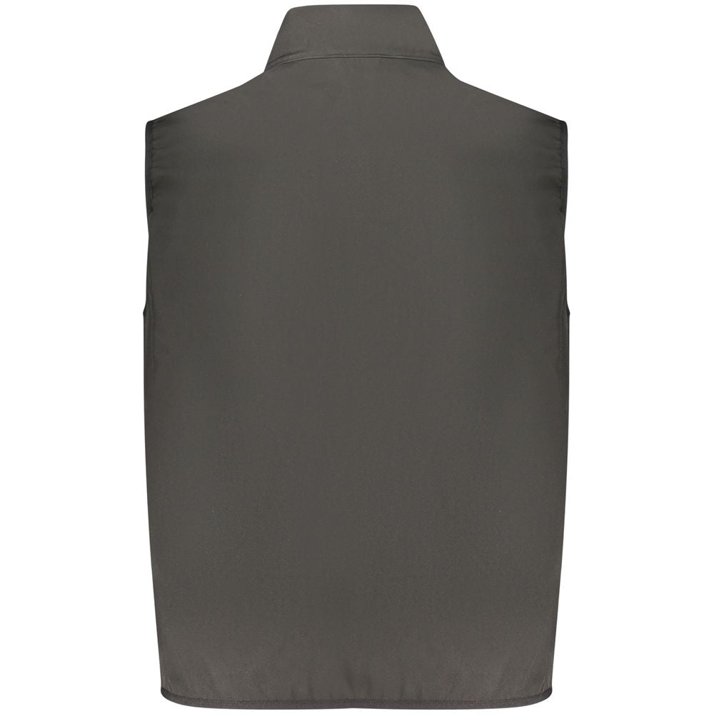 Norway 1963 black polyester men's vest displayed flat, showcasing its smooth fabric and classic design.