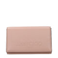 Jimmy Choo pink leather clutch bag with sleek design and elegant finish, perfect for evening events and special occasions.