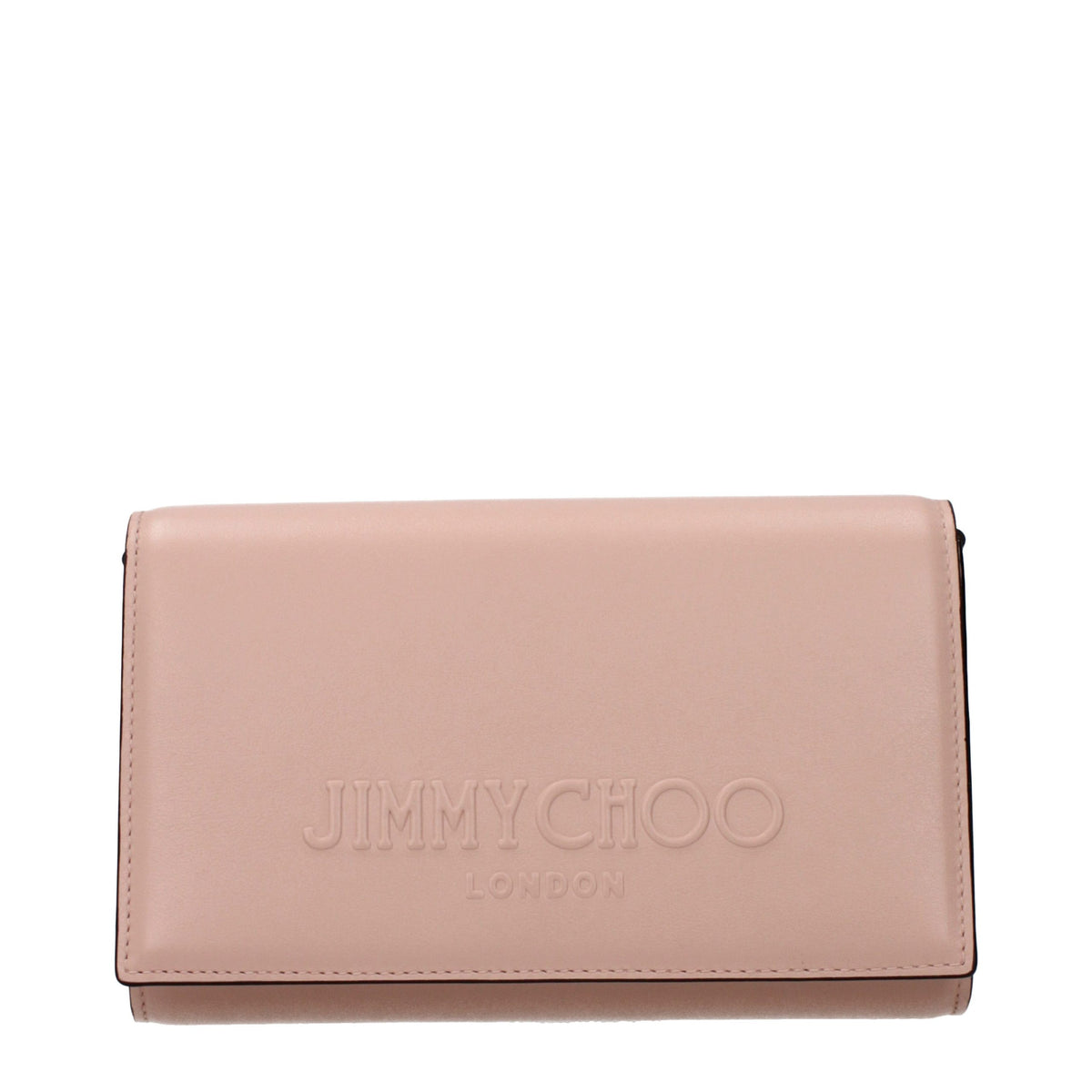 Jimmy Choo pink leather clutch bag with sleek design and elegant finish, perfect for evening events and special occasions.