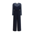 P.A.R.O.S.H. blue polyester jumpsuit with wide legs and sleeveless design, displayed on a hanger against a white background.