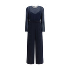 P.A.R.O.S.H. blue polyester jumpsuit with wide legs and sleeveless design, displayed on a hanger against a white background.