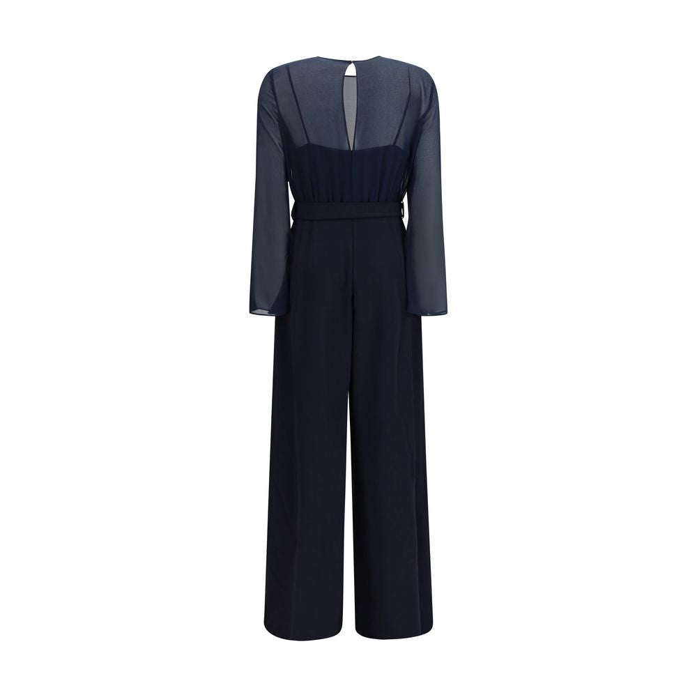Blue polyester jumpsuit by P.A.R.O.S.H., featuring a sleek, modern design with a fitted silhouette and stylish neckline.