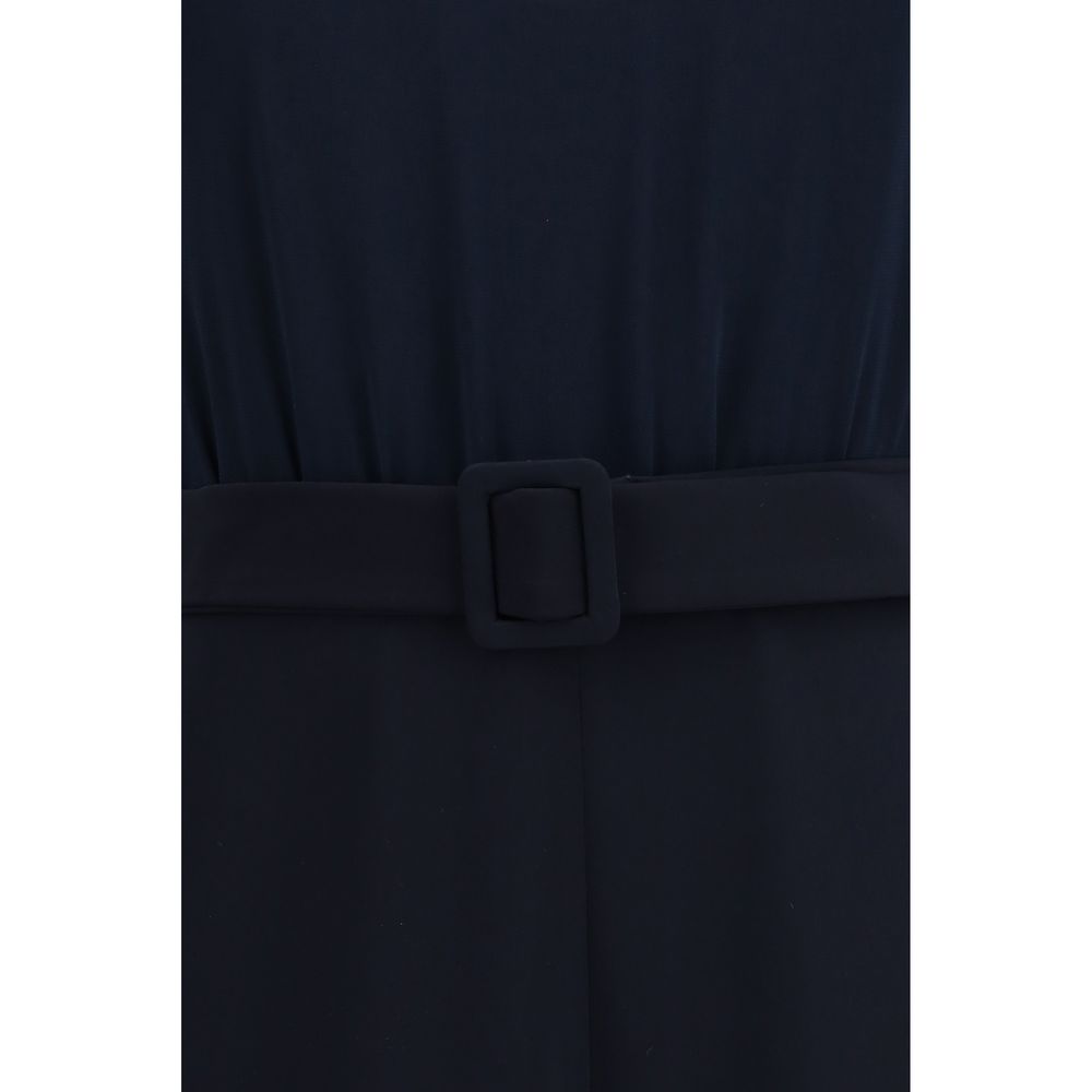 Blue P.A.R.O.S.H. polyester jumpsuit with long sleeves and a fitted waist, displayed on a hanger.