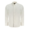 Hugo Boss white cotton men's shirt with classic collar and button-front design, displayed on a hanger.