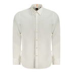 Hugo Boss white cotton men's shirt with classic collar and button-front design, displayed on a hanger.