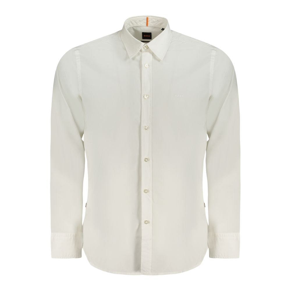 Hugo Boss white cotton men's shirt with classic collar and button-front design, displayed on a hanger.