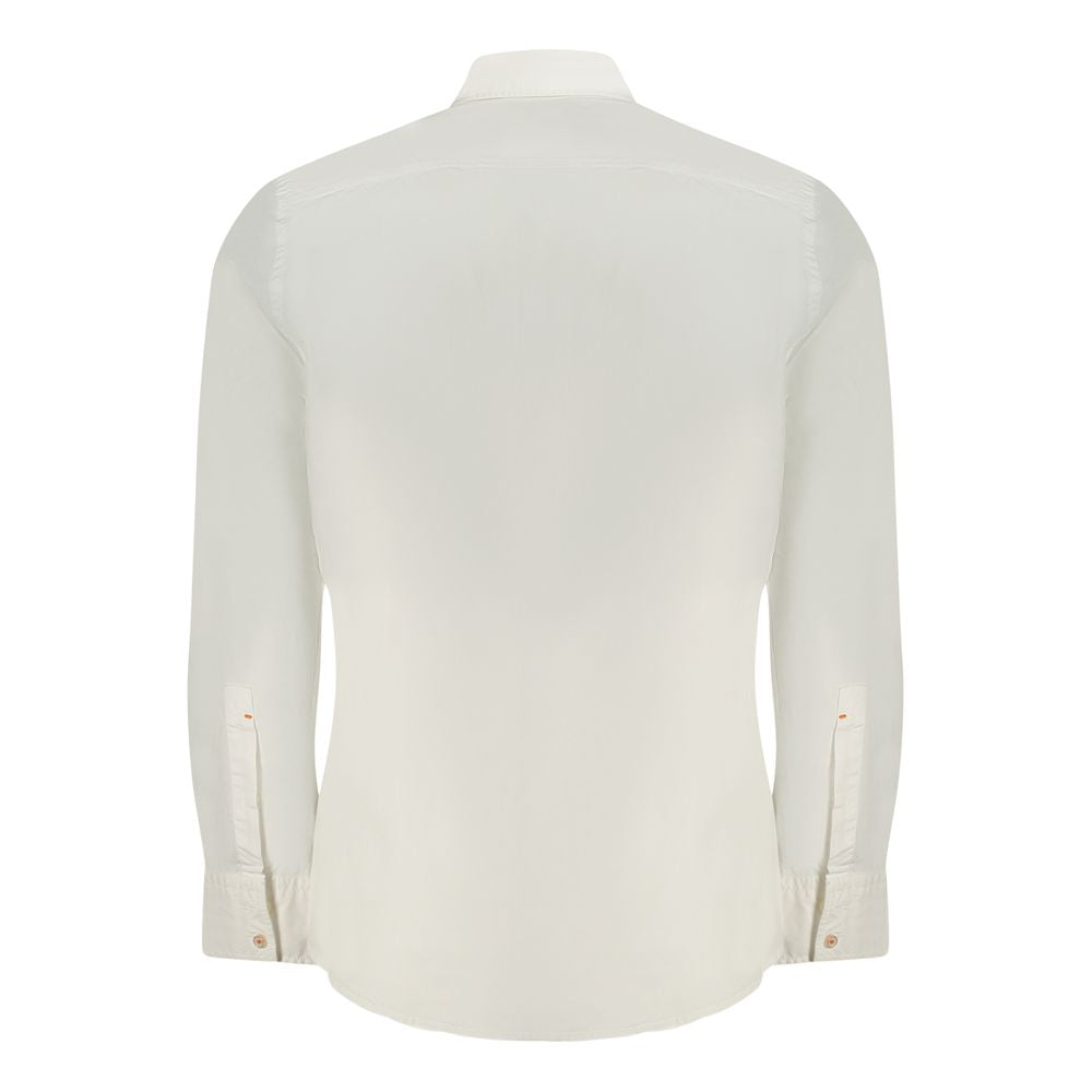 Hugo Boss white cotton men's shirt with classic collar and button-down front, showcasing a sleek, tailored fit.