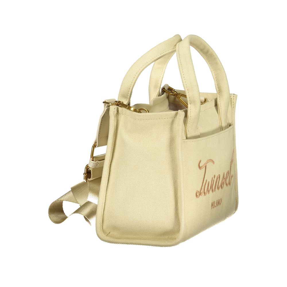 Twinset beige cotton women's handbag with structured design and top handle, featuring subtle branding and elegant craftsmanship.