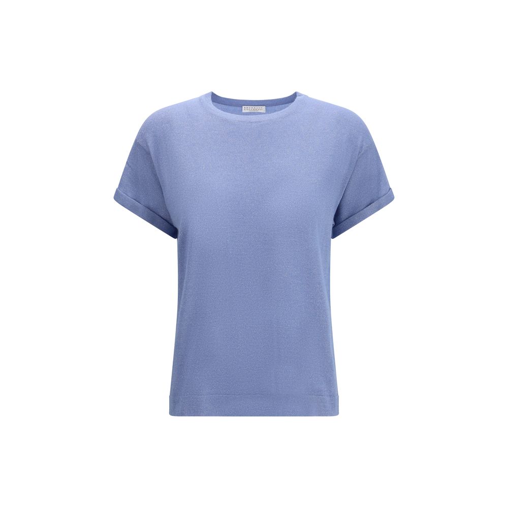 Brunello Cucinelli blue nylon t-shirt displayed on a hanger, showcasing its sleek fabric and casual fit.