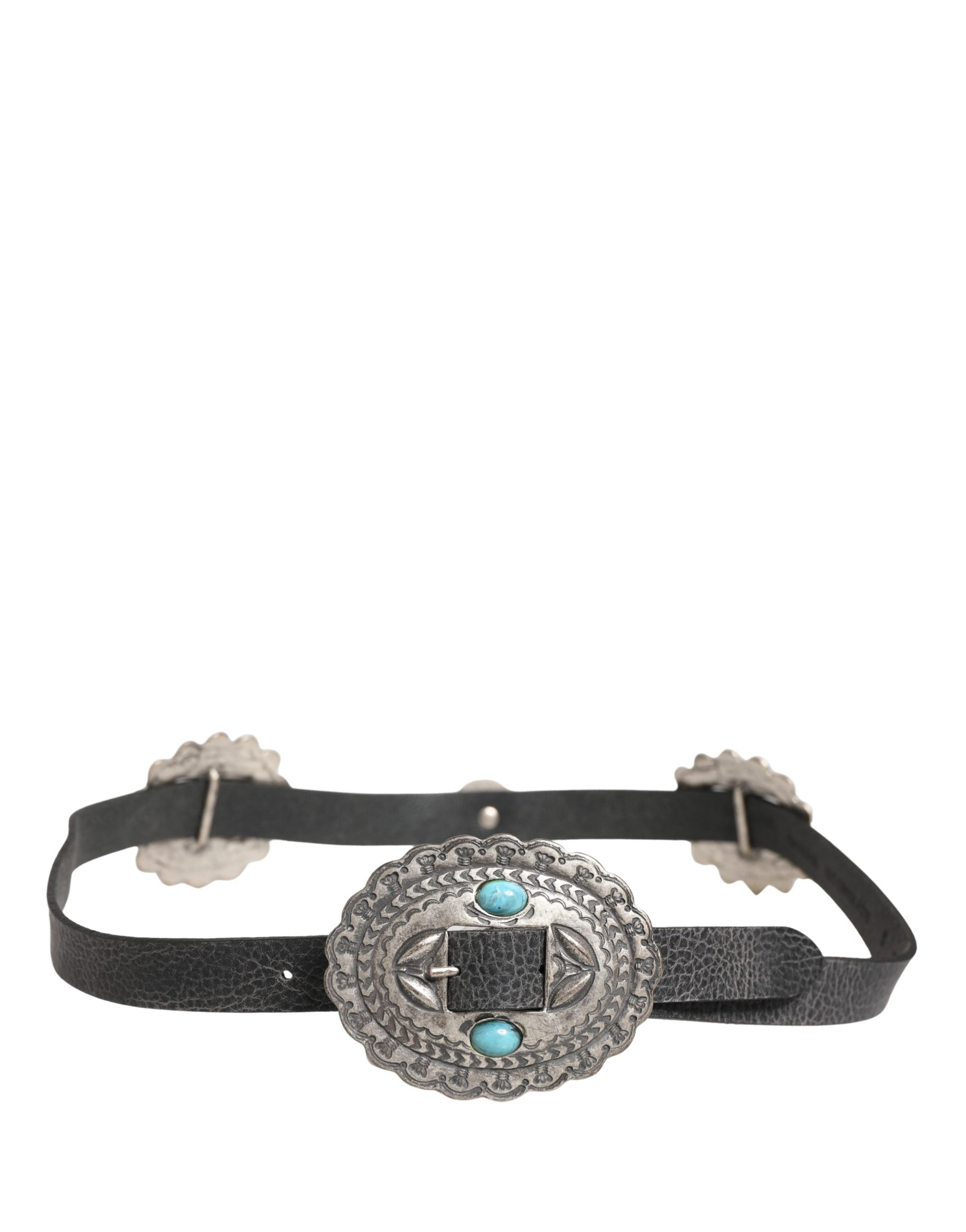 Cavalli Class Black Turquoise Leather Embellished Oval Buckle Belt Cavalli Class