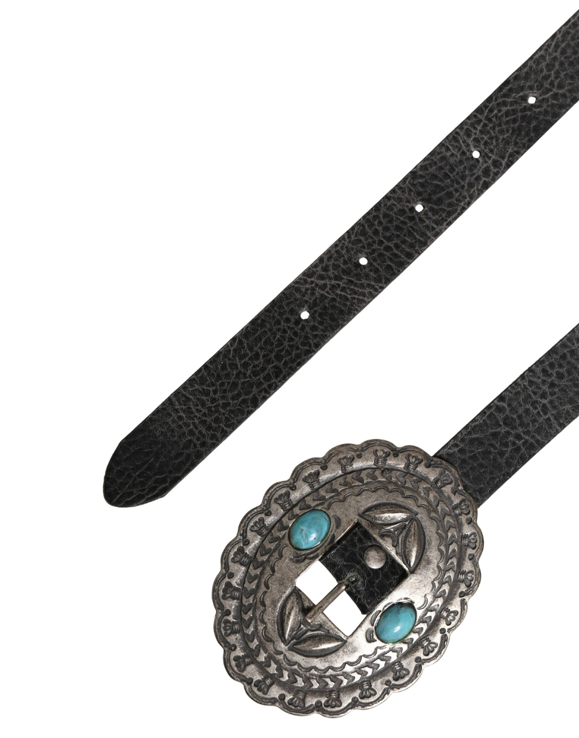 Cavalli Class Black Turquoise Leather Embellished Oval Buckle Belt Cavalli Class