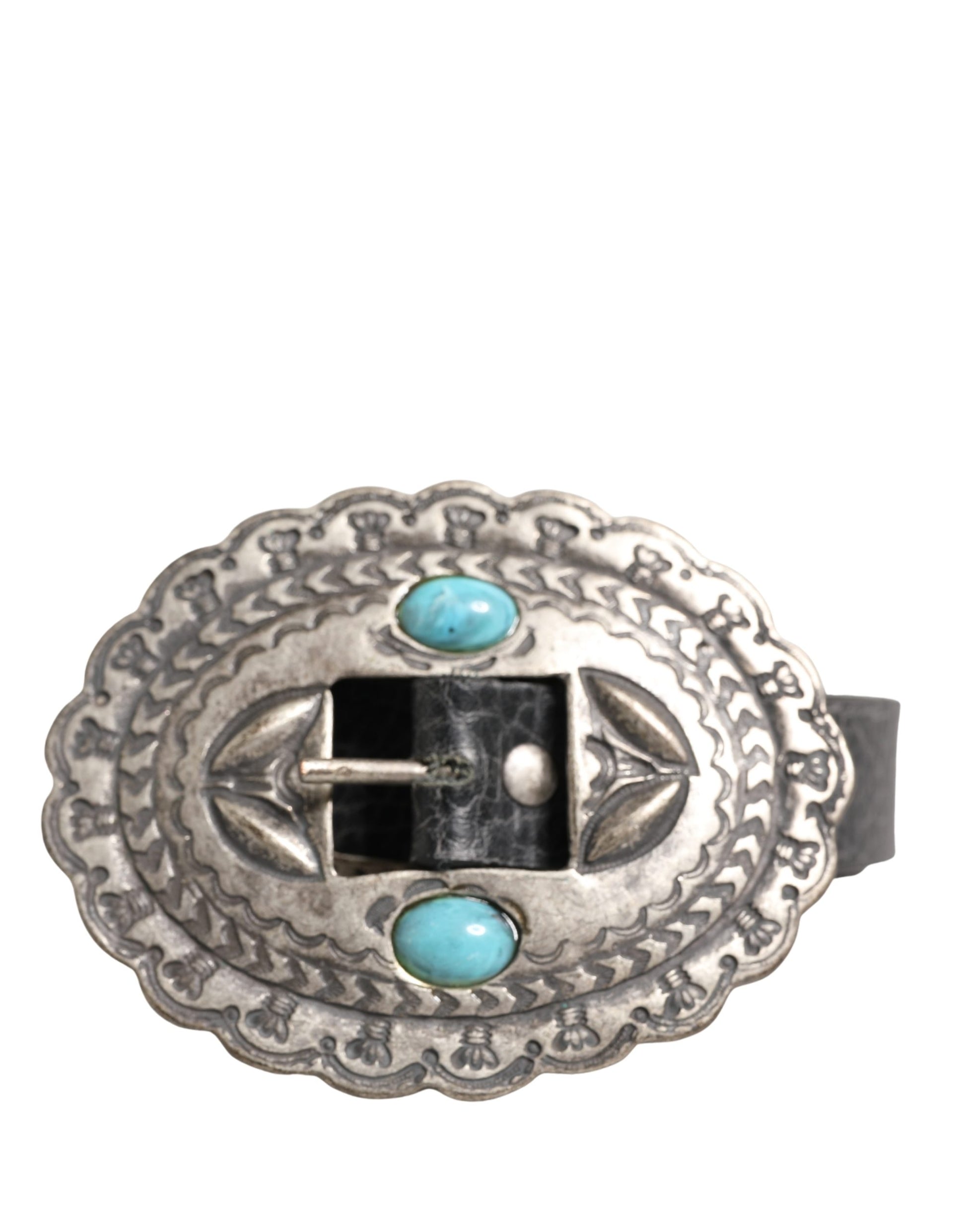 Cavalli Class Black Turquoise Leather Embellished Oval Buckle Belt Cavalli Class