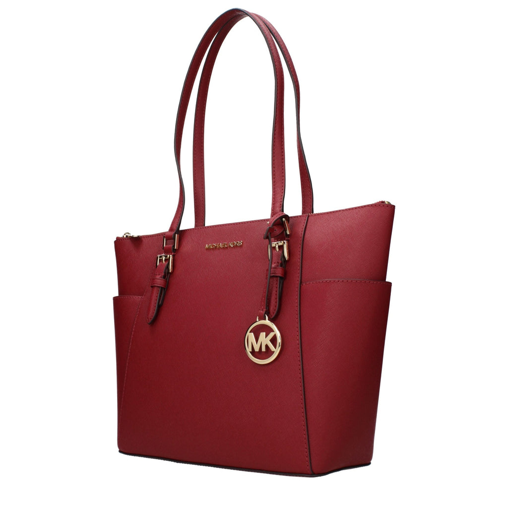 Red leather shoulder bag by Michael Kors with gold-tone hardware and adjustable strap, stylish accessory for everyday wear.