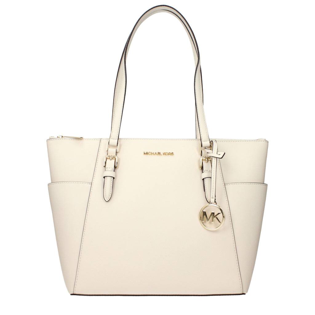 Michael Kors beige leather shoulder bag with gold-tone hardware and adjustable strap, stylish and spacious for everyday use.