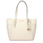 Michael Kors beige leather shoulder bag with gold-tone hardware and adjustable strap, stylish and spacious for everyday use.