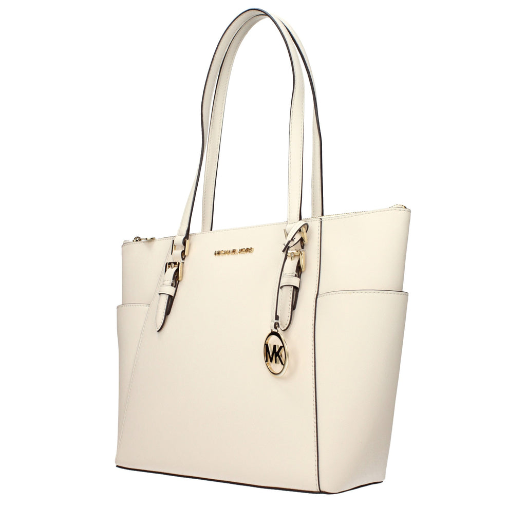 Beige leather Michael Kors shoulder bag with gold-tone hardware and adjustable strap, stylish and spacious for everyday use.