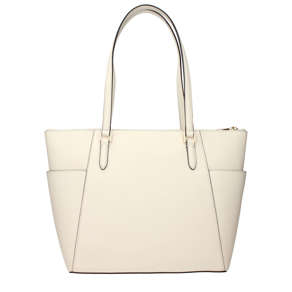 Michael Kors beige leather shoulder bag with gold-tone hardware, stylish and spacious for everyday use.