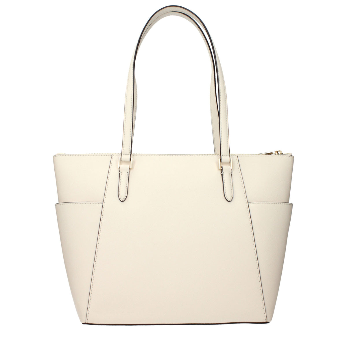 Michael Kors beige leather shoulder bag with gold-tone hardware, stylish and spacious for everyday use.
