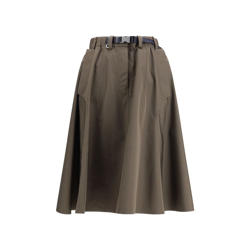 Prada bicolor recycled polyester midi skirt with a sleek design and modern silhouette, shown in a stylish side view.