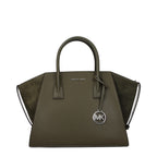 Michael Kors green leather handbag with structured design and gold-tone hardware, featuring top handles and a sleek finish.