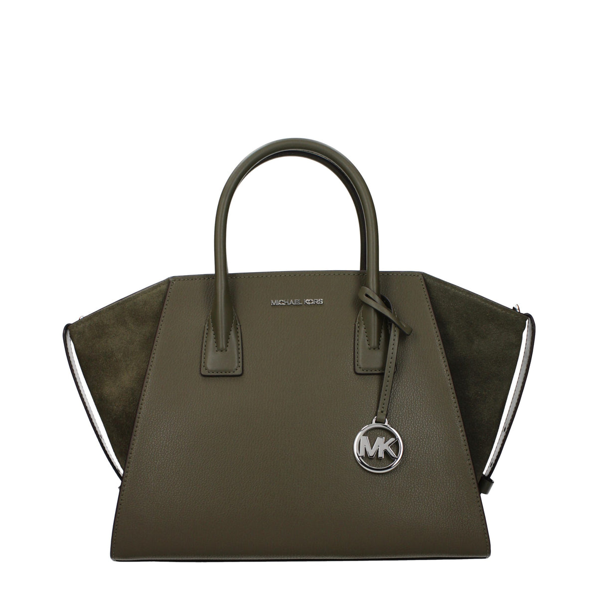 Michael Kors green leather handbag with structured design and gold-tone hardware, featuring top handles and a sleek finish.