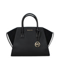 Elegant black leather Michael Kors handbag with gold-tone hardware, featuring a structured design and top handles.
