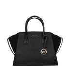 Elegant black leather Michael Kors handbag with gold-tone hardware, featuring a structured design and top handles.