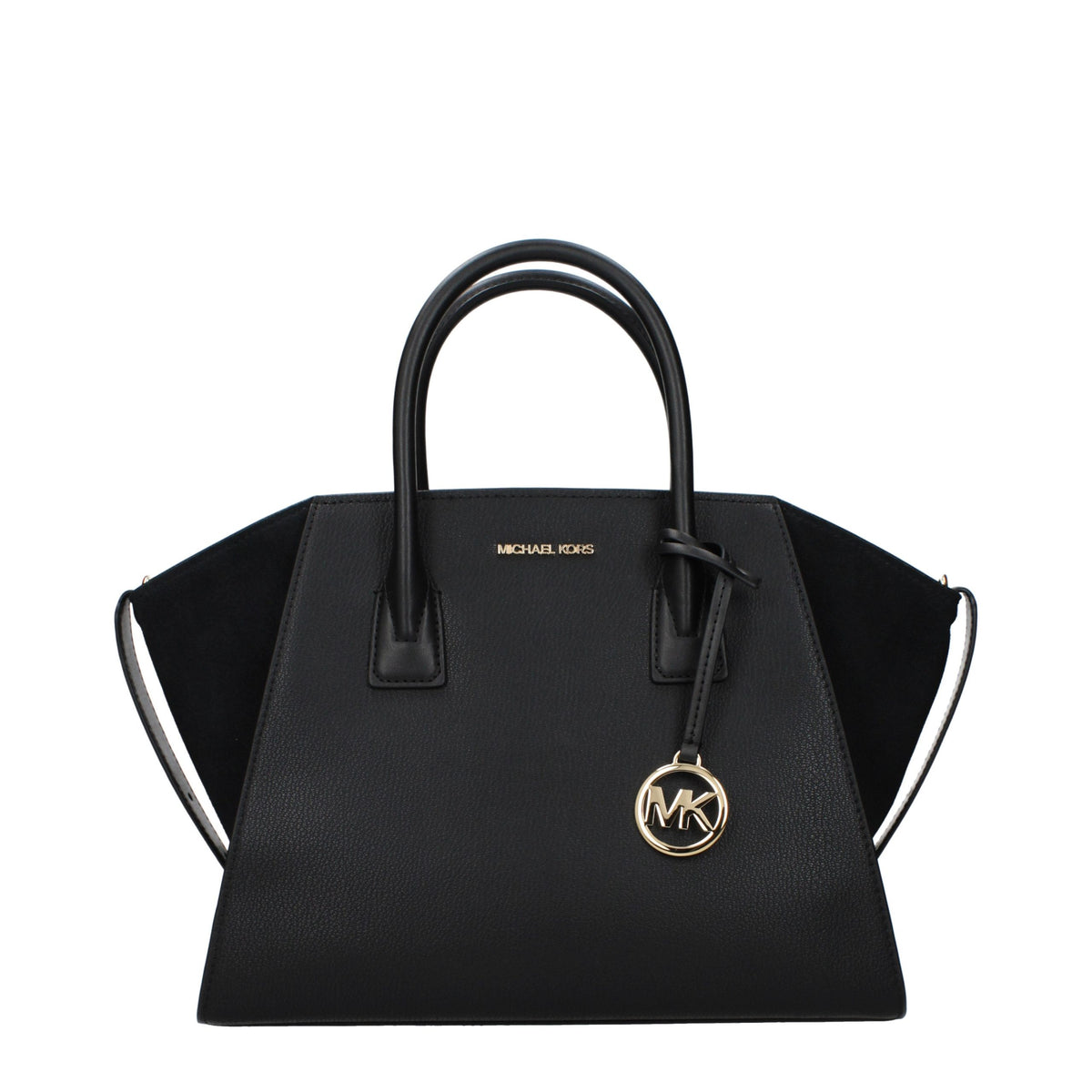 Elegant black leather Michael Kors handbag with gold-tone hardware, featuring a structured design and top handles.