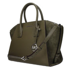 Michael Kors green leather handbag with gold-tone hardware and structured design, featuring top handles and a sleek, sophisticated look.