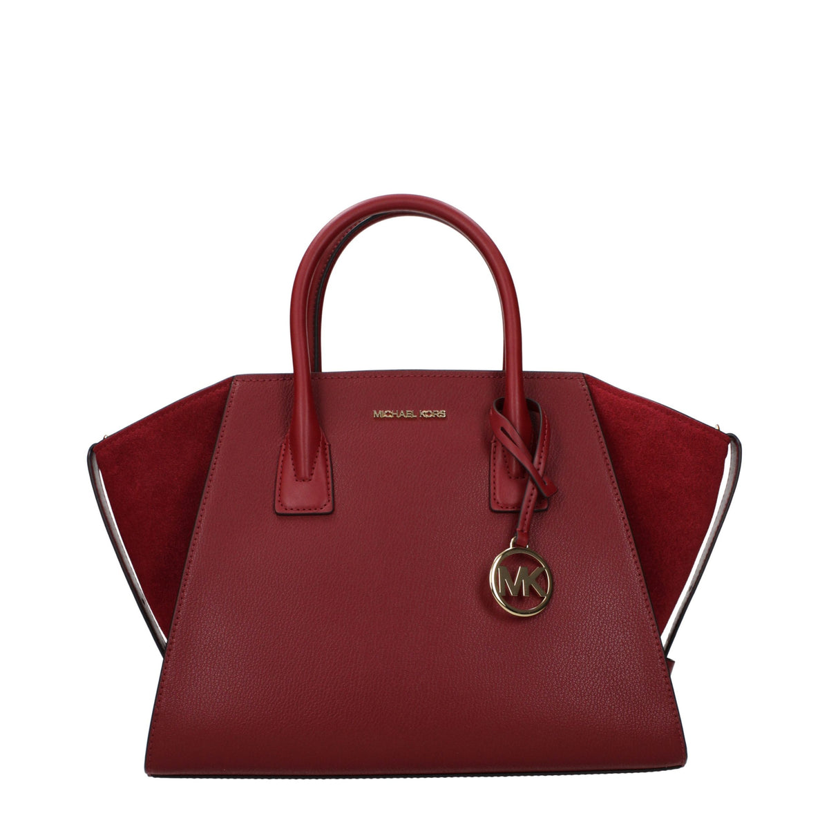 Red leather Michael Kors handbag with gold-tone hardware and adjustable strap, showcasing a sleek, stylish design.
