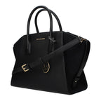 Black leather Michael Kors handbag with gold-tone hardware and top handles, showcasing a sleek and stylish design.