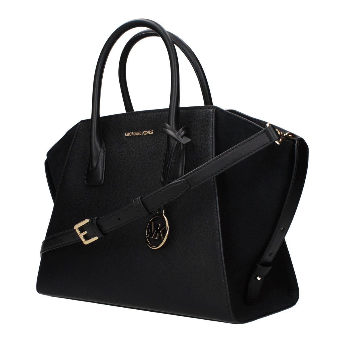 Black leather Michael Kors handbag with gold-tone hardware and top handles, showcasing a sleek and stylish design.