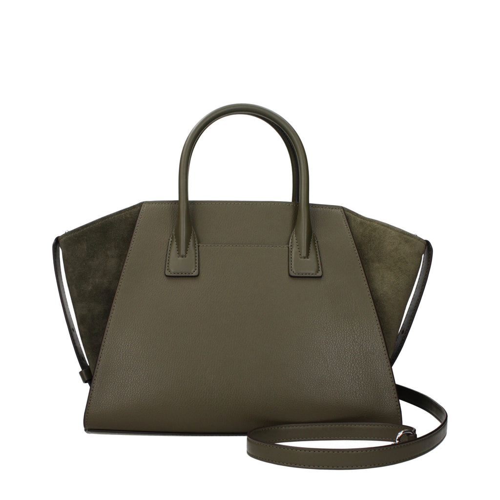 Michael Kors green leather handbag with top handles and gold-tone hardware, stylish and spacious for everyday use.