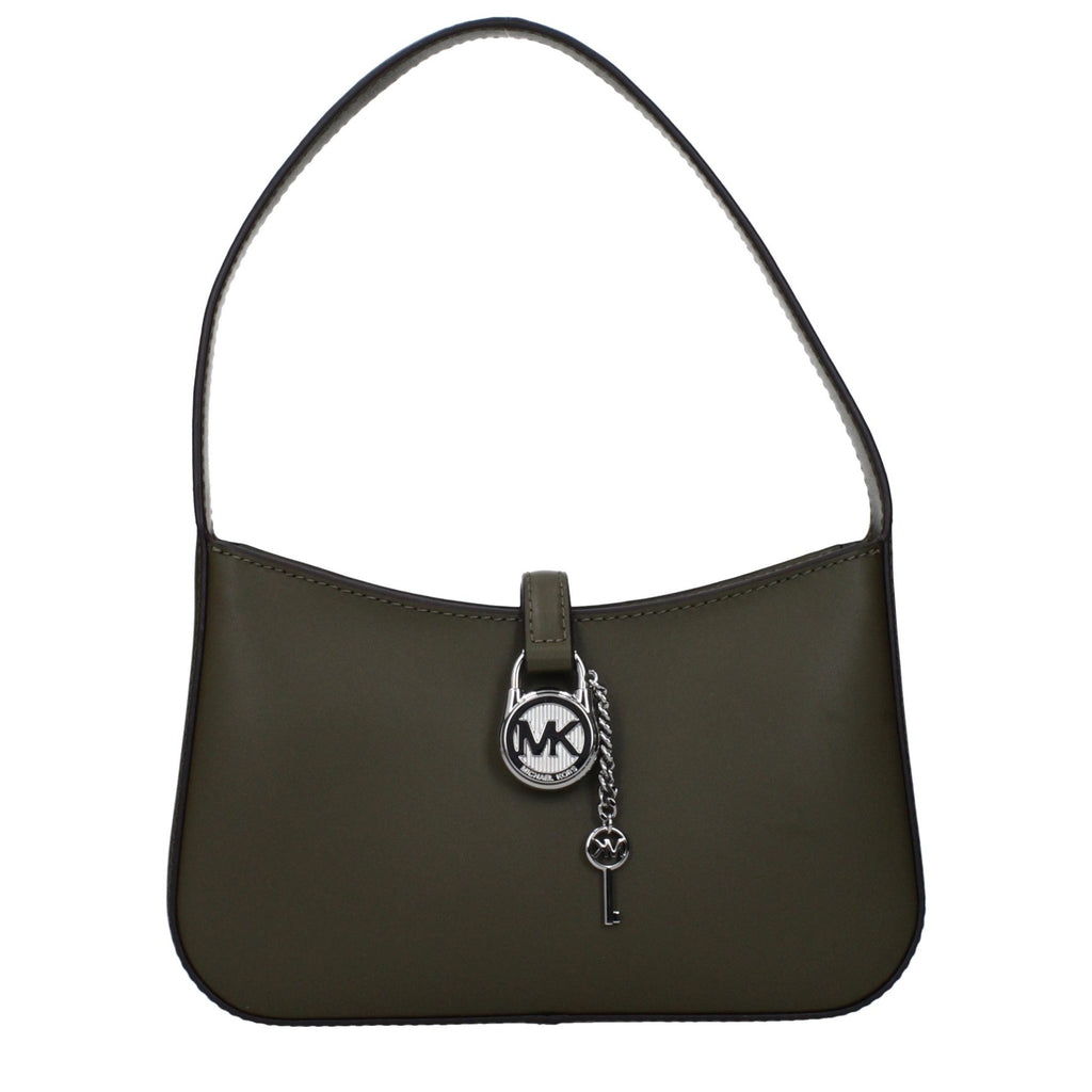 Green leather Michael Kors handbag with structured design and gold-tone hardware, featuring top handles and a detachable shoulder strap.
