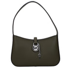 Green leather Michael Kors handbag with structured design and gold-tone hardware, featuring top handles and a detachable shoulder strap.