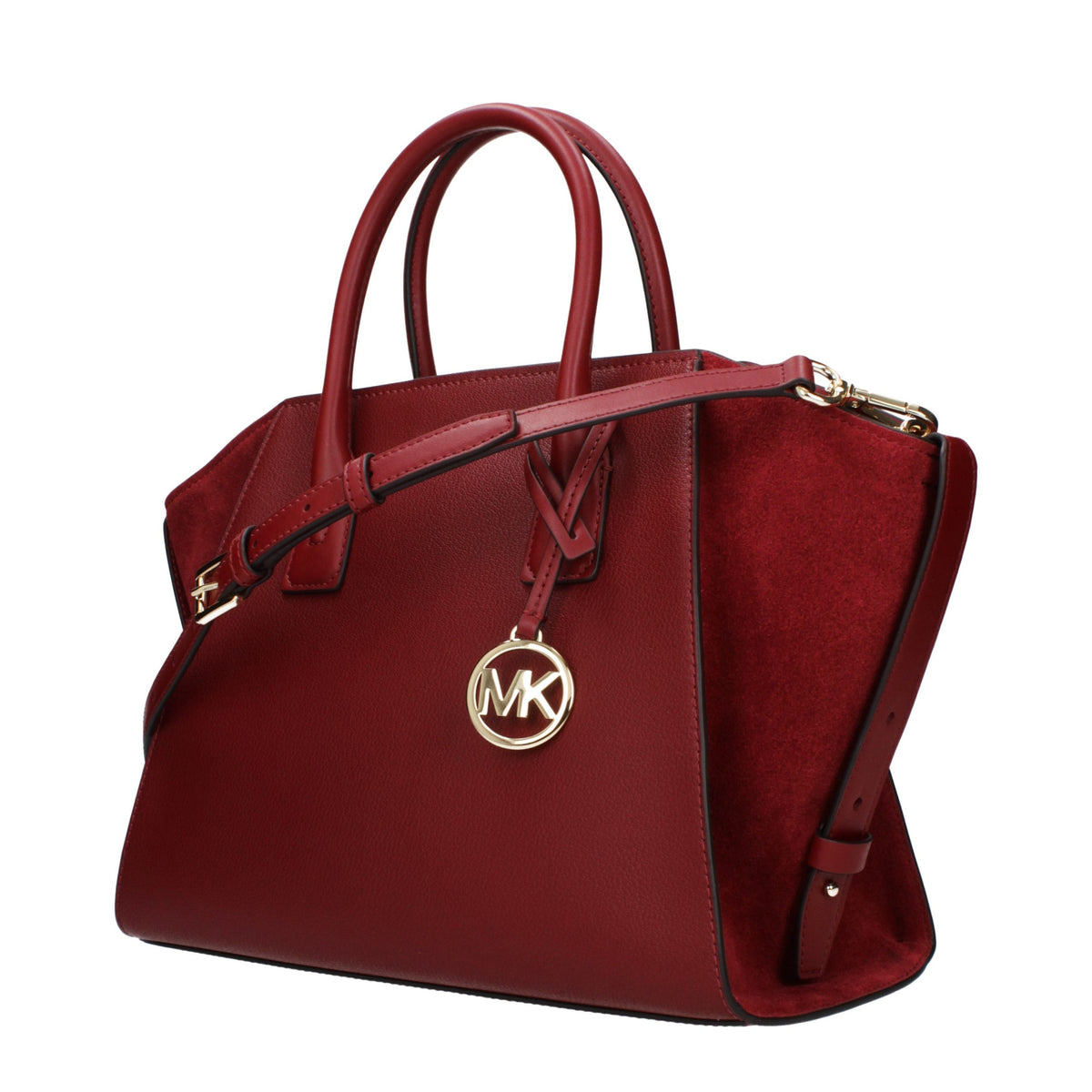 Red leather Michael Kors handbag with gold hardware, featuring a structured design and double top handles.