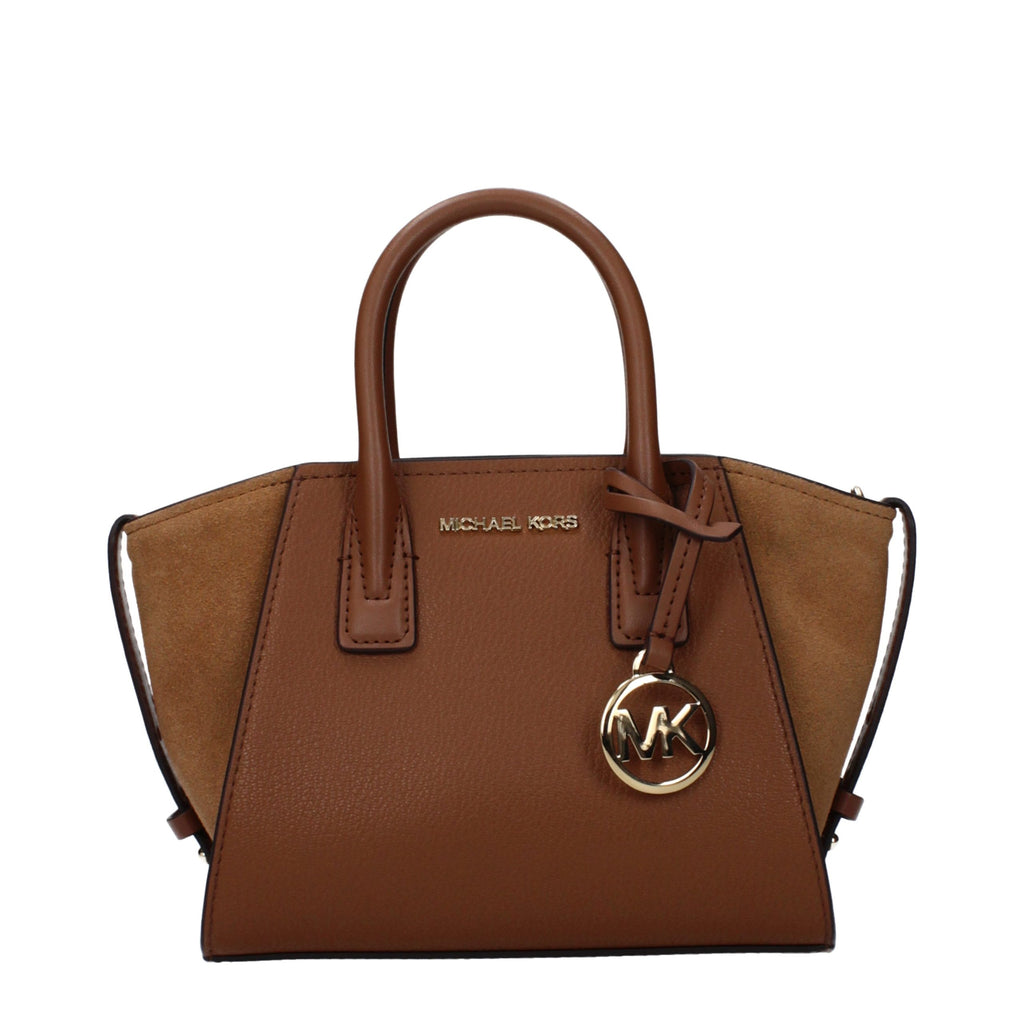 Michael Kors brown leather handbag with gold hardware, featuring a structured design and top handle for versatile style.