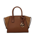Michael Kors brown leather handbag with gold hardware, featuring a structured design and top handle for versatile style.