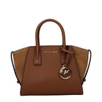 Michael Kors brown leather handbag with gold hardware, featuring a structured design and top handle for versatile style.