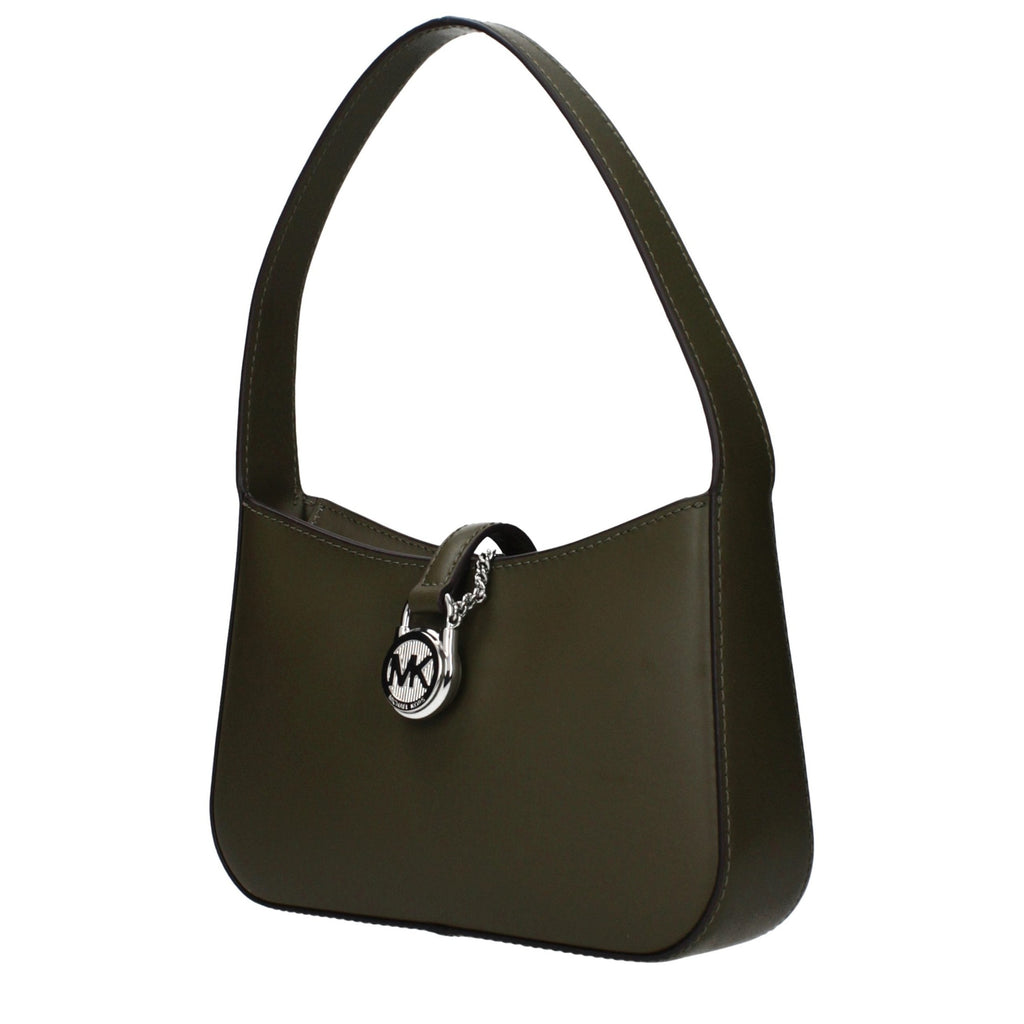 Michael Kors green leather handbag with sleek design and gold-tone hardware, featuring top handles and a spacious interior.