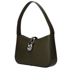 Michael Kors green leather handbag with sleek design and gold-tone hardware, featuring top handles and a spacious interior.
