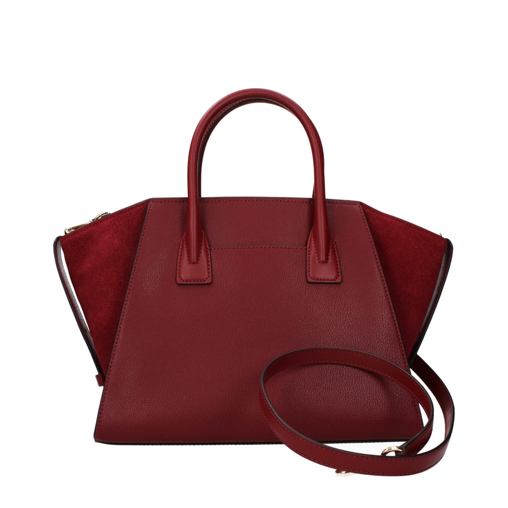 Red leather Michael Kors handbag with sleek design and gold-tone hardware, featuring top handles and a spacious interior.