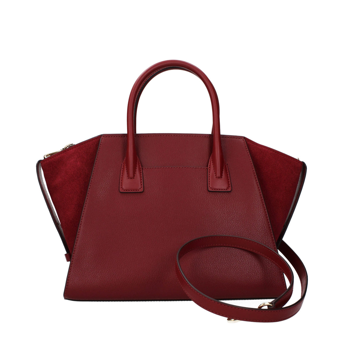 Red leather Michael Kors handbag with sleek design and gold-tone hardware, featuring top handles and a spacious interior.