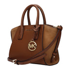 Michael Kors brown leather handbag with gold-tone hardware and adjustable shoulder strap, stylish and spacious for everyday use.